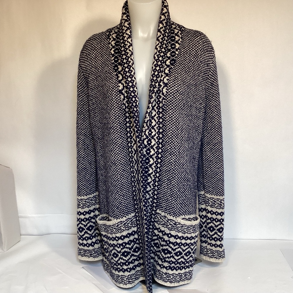 Women’s Lucky Brand Blue and White Open Long Cardigan Sweater Size Small